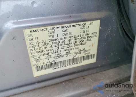 2007 Nissan Maxima Se z USA, uszkodzony, nr VIN 1N4BA41E77C849659